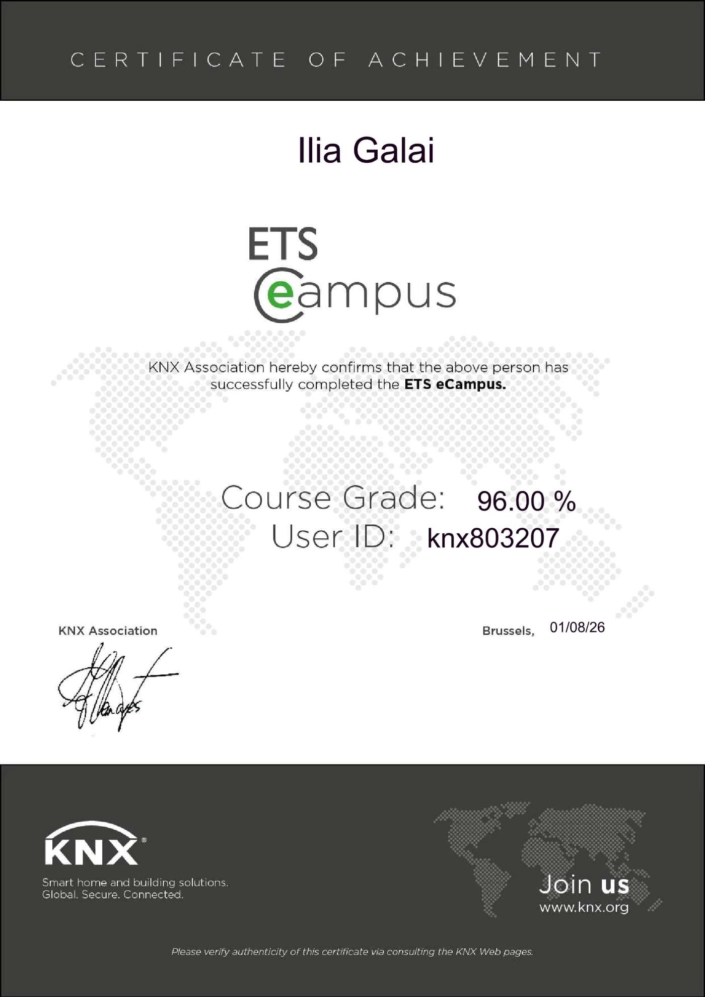 Сертификат ETS eCampus от KNX Association на имя Ilia Galai, результат 96 %